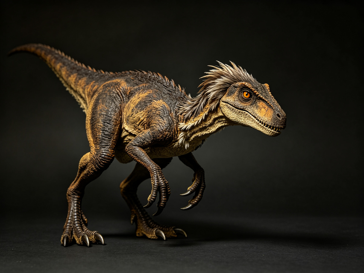 Hunting animatronic Velociraptor dinosaur in aggressive hunting pose with realistic skin texture
