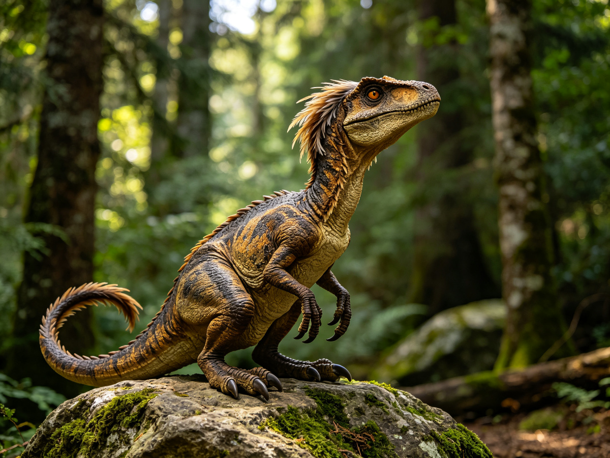 Sitting Velociraptor — life-size animatronic dinosaur model from SAGE